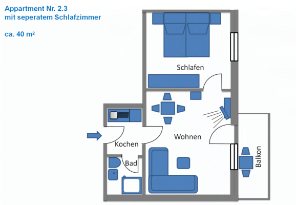 Appartement 2.3 mit separatem Schlafzimmer